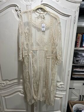 Embroidered Sheer Long Duster in Cream